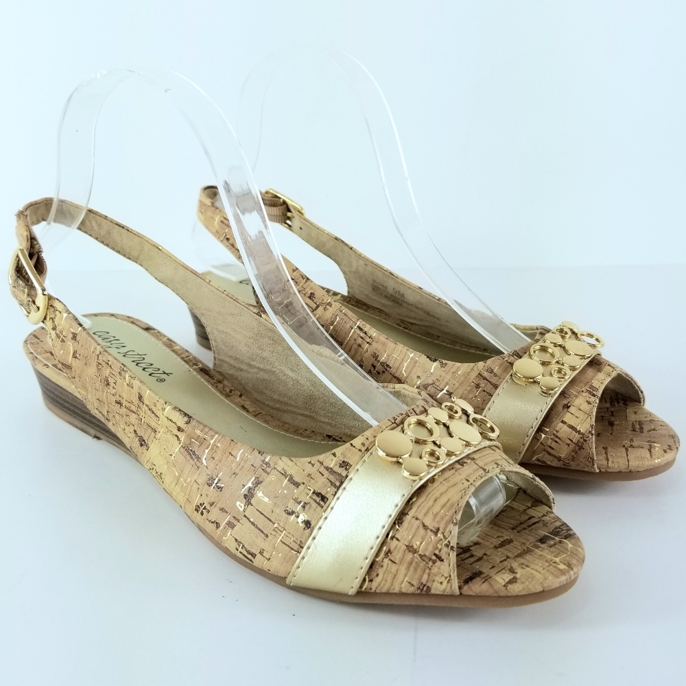 Sz 9 Easy Street Cork Slingback Peep Toe Wedge Sandals NWOT